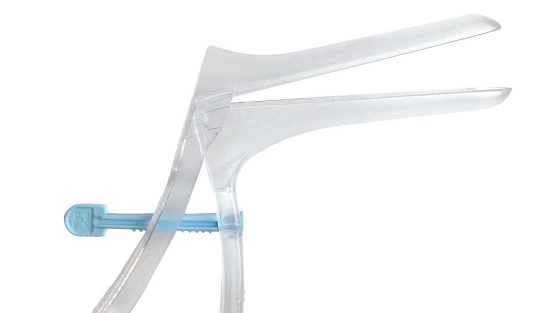 Image of Cetro's self-retaining vaginal speculum Easyspec in transparent plastic against a white background.